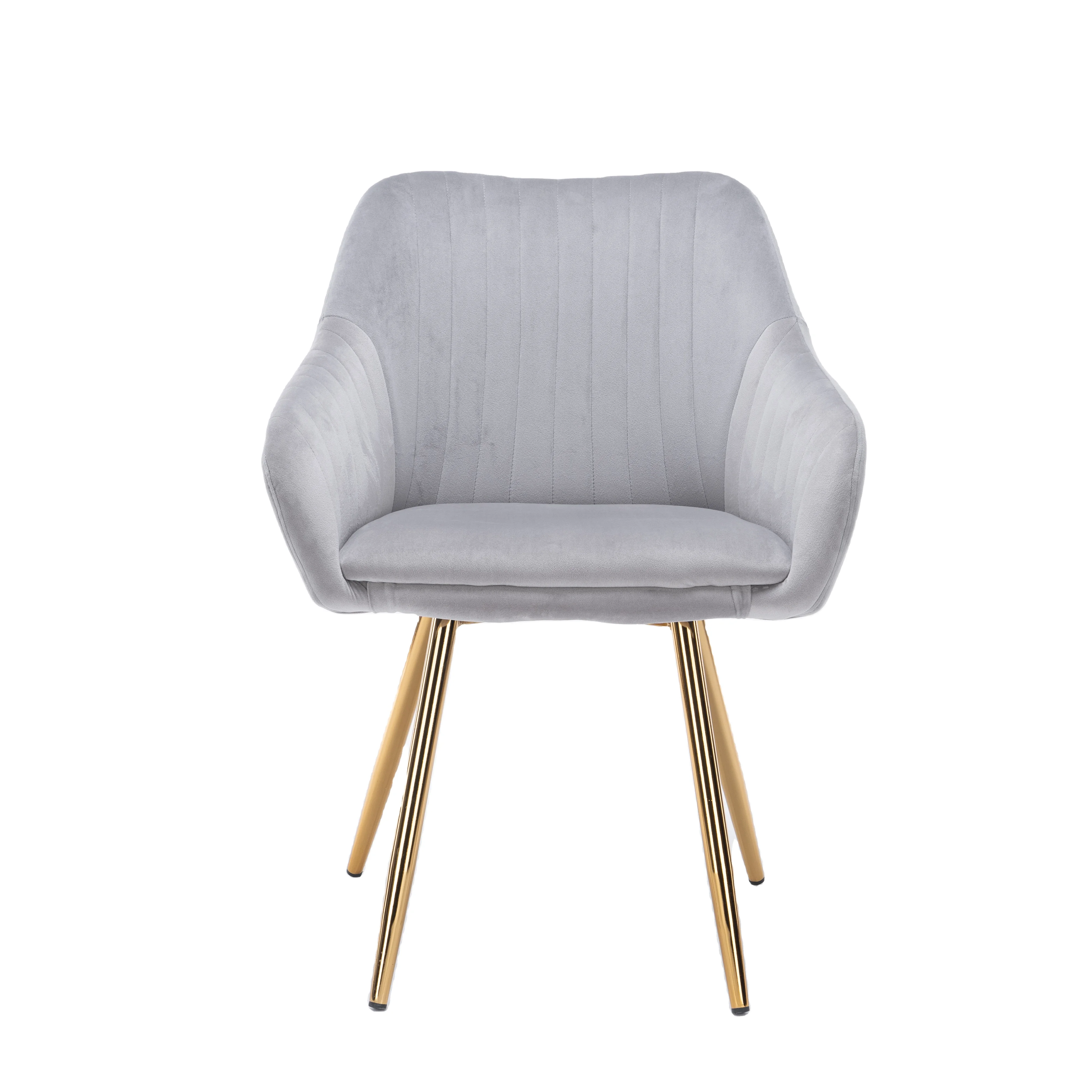 
China Factory Modern Design Arm Metal Dinner Velvet Leisure Fabric coffee shop Sillas Gold Chrome Leg Upholstered Dining Chair 