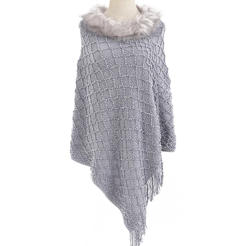 New European American Lady Poncho Fur Collar Winter Keep Warm Sweater Knit Shawl for Women