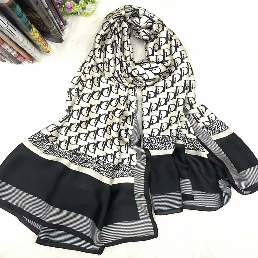 Women Silk Scarf Fashion Flower Print Long Head Scarves Lady Luxury Brand Shawls Silk Women Satin Hijab Scarf