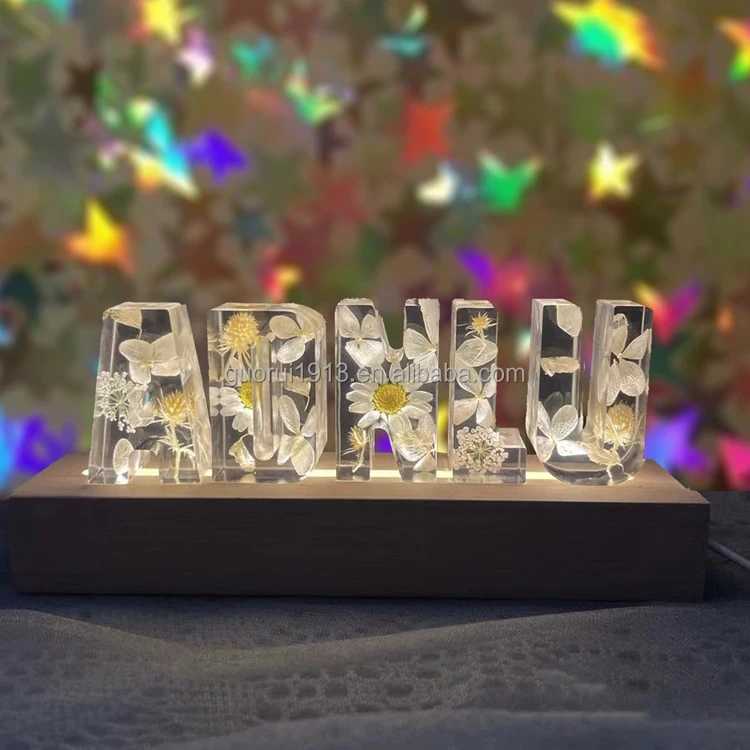 Custom 3D Led 26 Letters Night Light Real Flower Letter Couple Name Gift Decoration Light Atmosphere Lamp
