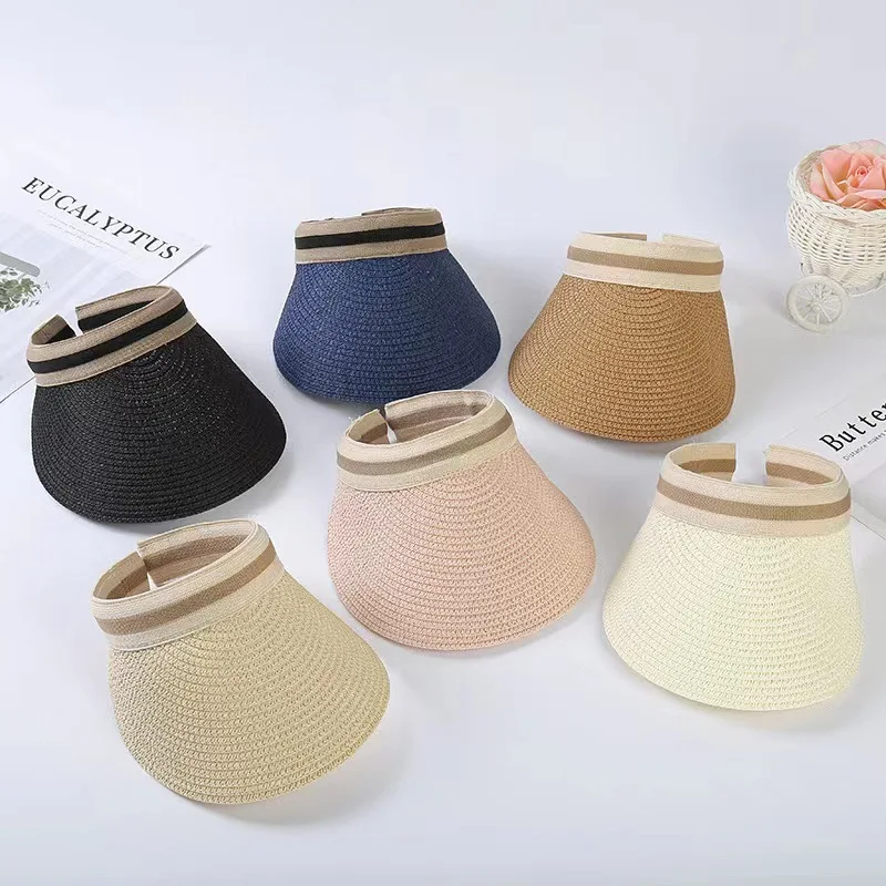 Hot Sale Summer Lady Empty Top Sun Visor Hat Summer Straw Wide Brim Sun Caps UV Protection Hat For Men And Women Beach Hat