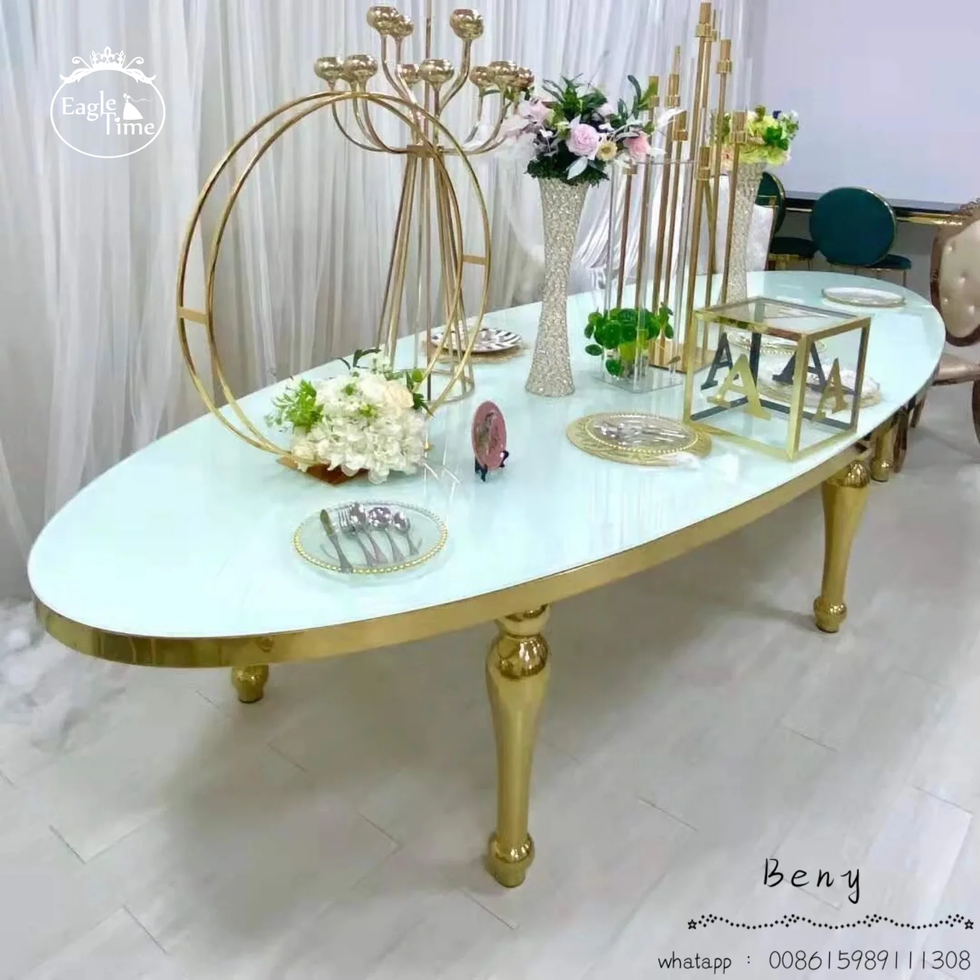 Wholesale Modern Gold Stainless Steel Glass Oval Table for Dining Banquets Parties Weddings Hotel Use