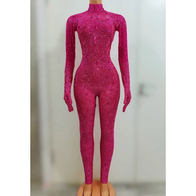 Sexy Long Sleeve Rhinestone Bodysuits Show Cosplay Costume Club Party Dancer Leotard Bodycon Romper Women One Piece Jumpsuits