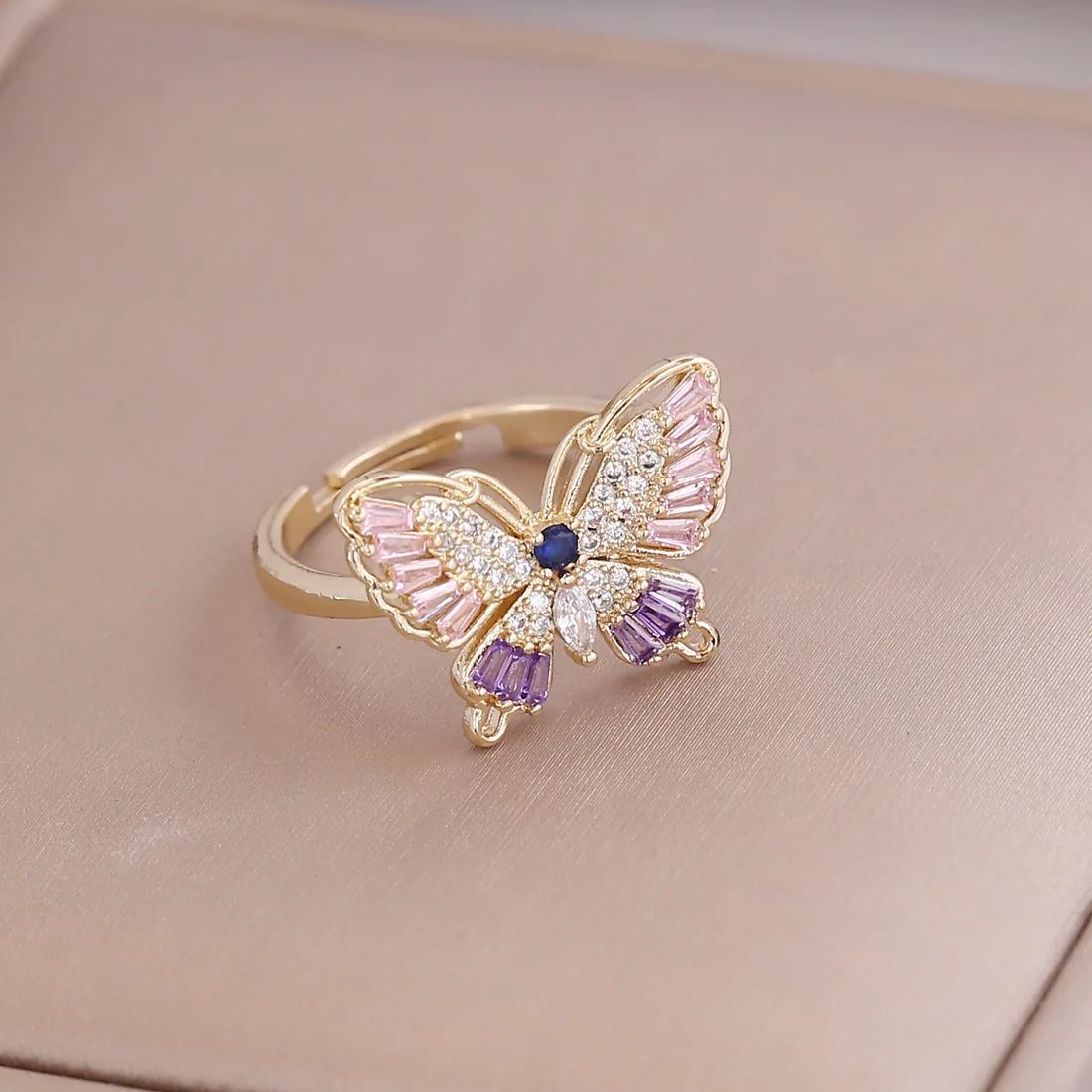 Polychrome Butterfly 18Krgp Ring INS Opening Adjustable Zircon Butterfly Ring Brass
