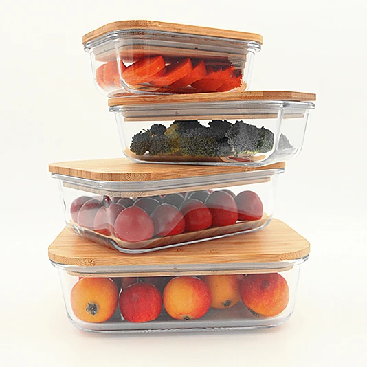 Kitchen Airtight high borosilicate glass lunch box glass food storage box glass meal prep containers with locking bamboo Lid