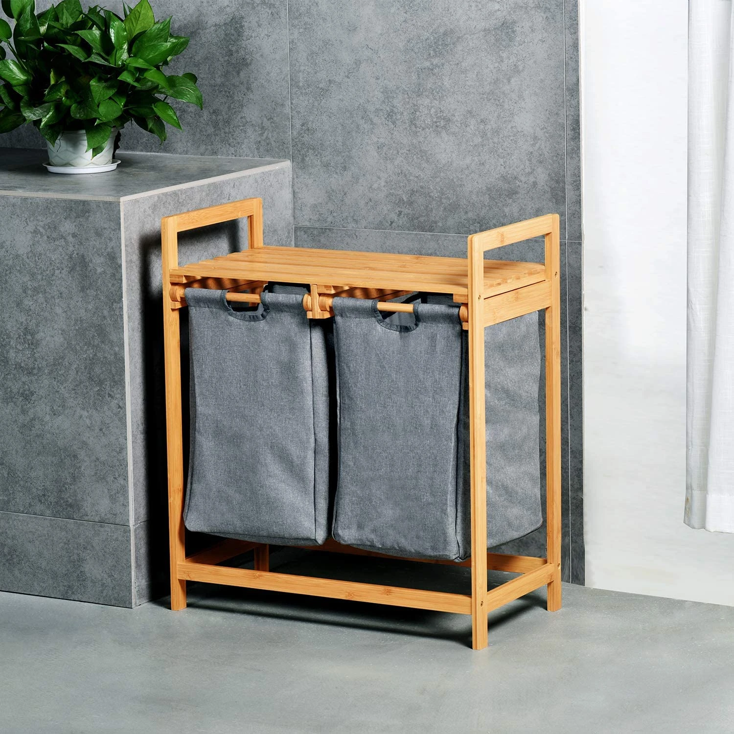 Bamboo Wooden Storage Hamper Organizer Shelf, Dual Compartments Laundry Basket with Removable Bag