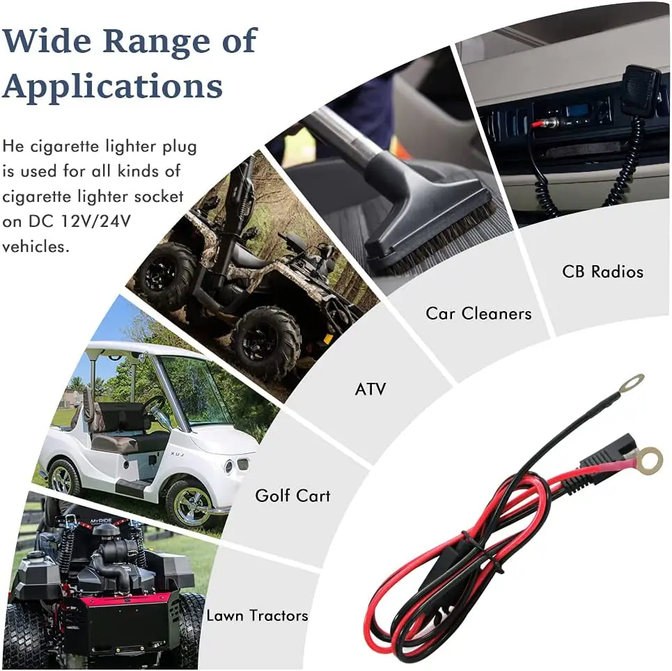Ring Terminal Eyelet SAE Battery Extension Cable with 2FT 16AWG 10A Protection Fuse SAE Connector for Motorcycle Cars