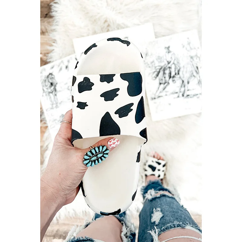 New Fashion White Cow Animal Print Cork Soled Slippers Soft Rubber Slippers Sole