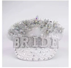 Custom Women wedding novelty bridal bachelorette party rhinestone jewels white bride captain hat