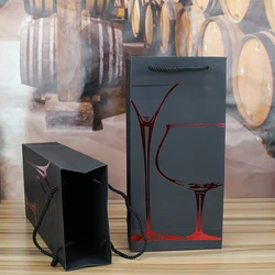 Factory direct sale black wine bags with handles Wholesale two bottle pack red wine paper bag