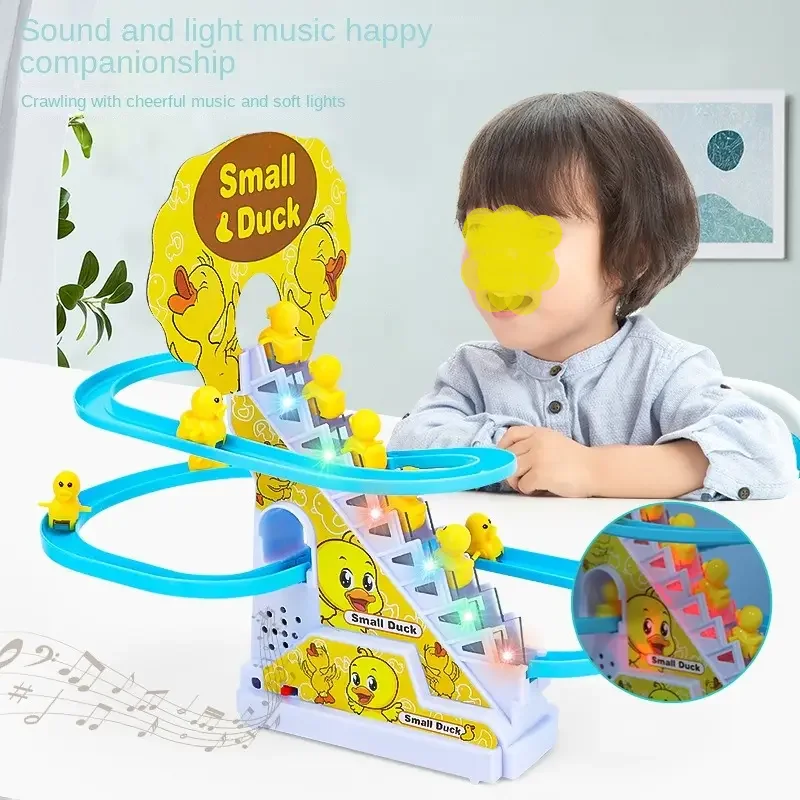 HOT SELLING ELECTRIC LITTLE YELLOW DUCK CLIMBING STAIRS MUSIC TRACK GROOVE TOY FOR KIDS