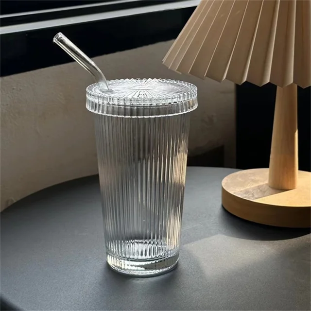 12.5 oz. 380 ml Striped Glass Coffee Mug with Lid and Straw For iced water coffee, milk tea and juice.