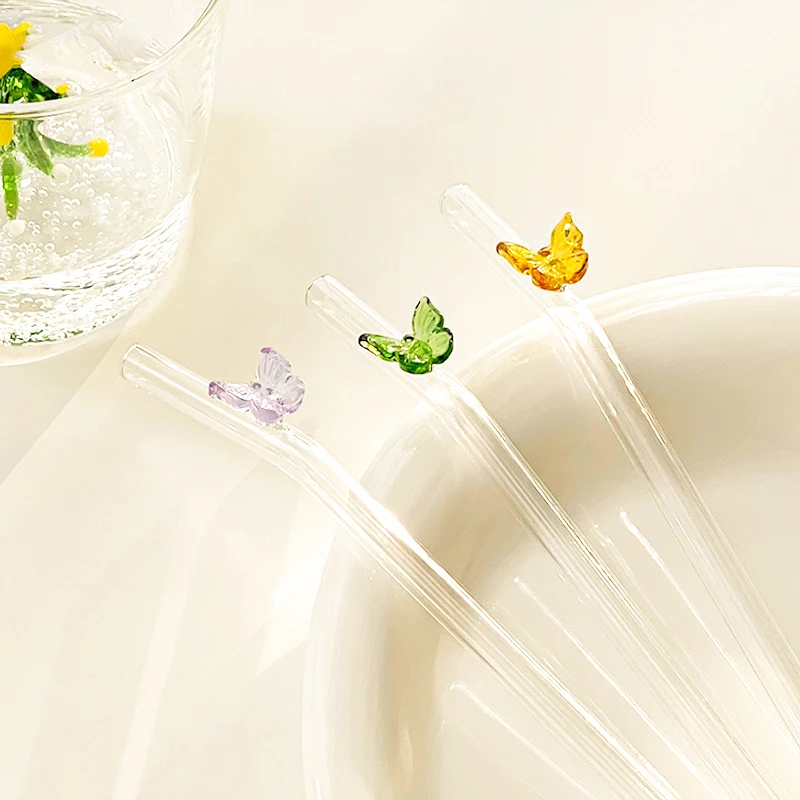 Custom Drinking Clear Bent Straight butterfly Bow-tie Bow Shape Glass Straw Straws Set with Design for Soda Can Cup Accessories