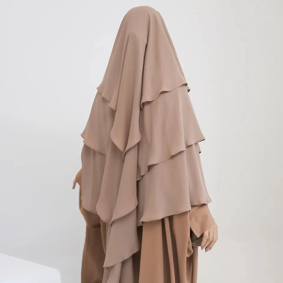 LangChi 3 Layers Overhead Chiffon Tie Back Khimar Islamic Hijab Plain Prayer Scarf Muslim Women Long Niqab Jilbab Khimar
