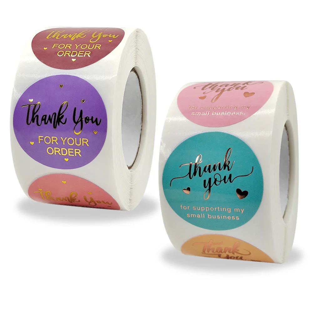 Custom With Logo Cut Self Adhesive 1.5 inch Colorful Thank you Stickers 500 Roll For Seal