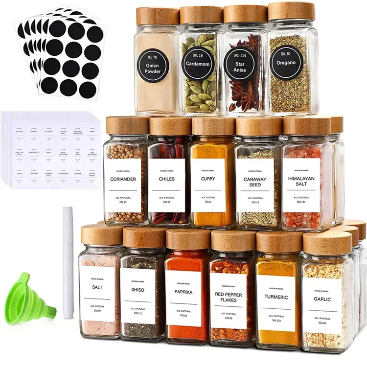 Glass Bamboo Wooden Lid Shaker Lids And White Labels Sticker 120ml 4oz Square 24 Pcs Glass Spice Jars Bottles Set