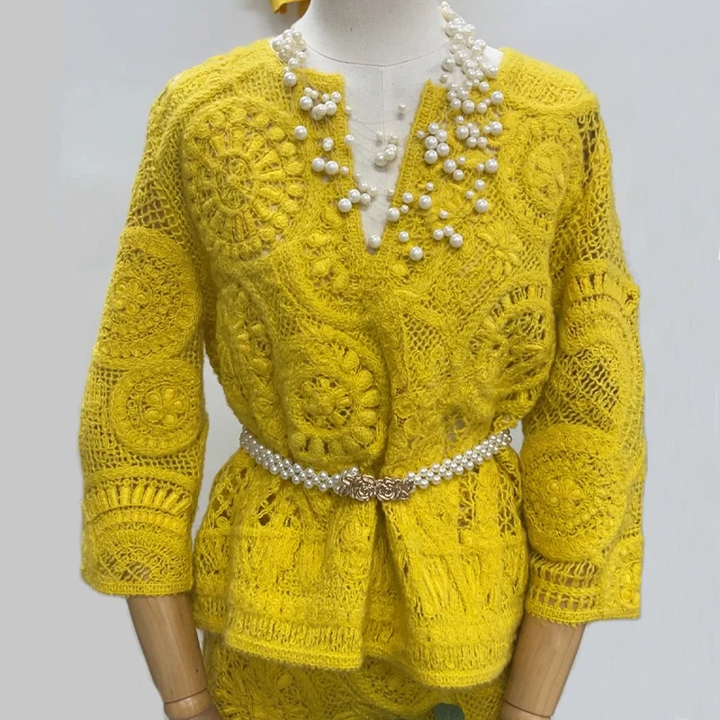 Crochet clothing handmade with pearl decoration 2 piece skirt set yellow ladies crochet pullover
