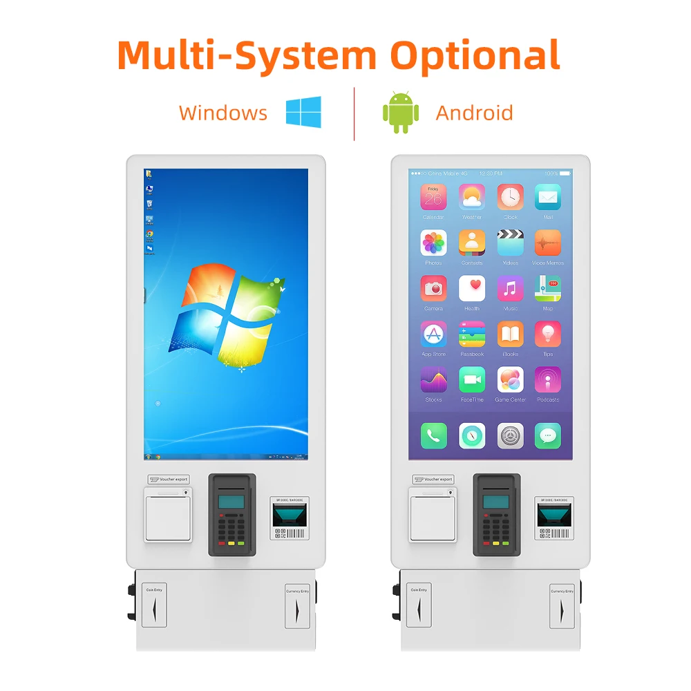 Multi-payment methods 27/32' flexible screen facial recognition scanner printer password keypad cashless payment self kiosks