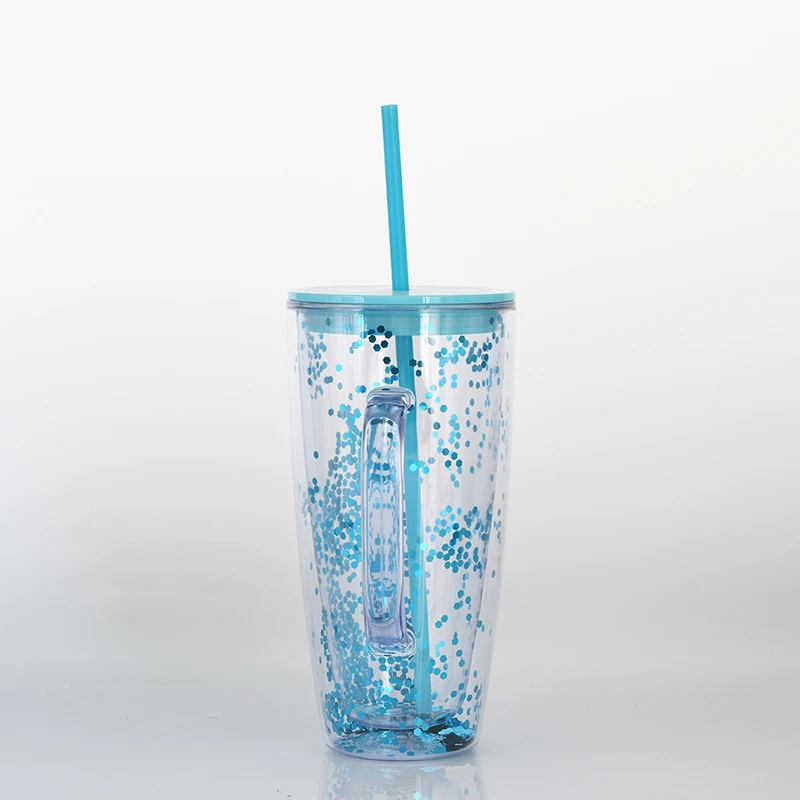 BPA Free 20oz Double Wall Plastic Acrylic Glitter Tumbler with Handle and Lid and Straw