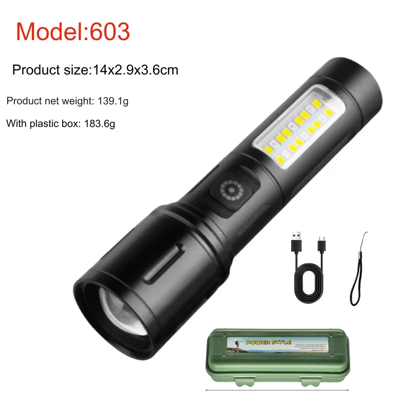 Ultra Bright LED Torch USB Type-C Charge COB Zoomable 3000 Lumens 7 Modes Torch Emergency Blue Red  Warning FlashLight