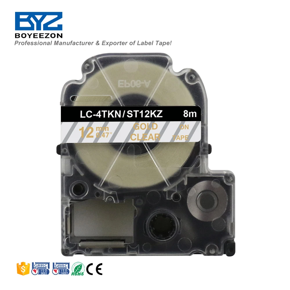 Boyeezon ST12KZ 12mm gold on clear label tape LC-4TKN/ST12KZ label cassette plastic tape Compatible Epson & King Jim Label Tape