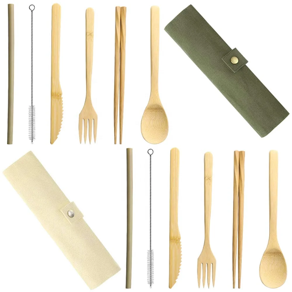 Wholesale engraved logo bamboo cutlery set reusable Eco-friendly bamboo cutlery set travel Knife, Fork, Spoon, Straw,Chopstick