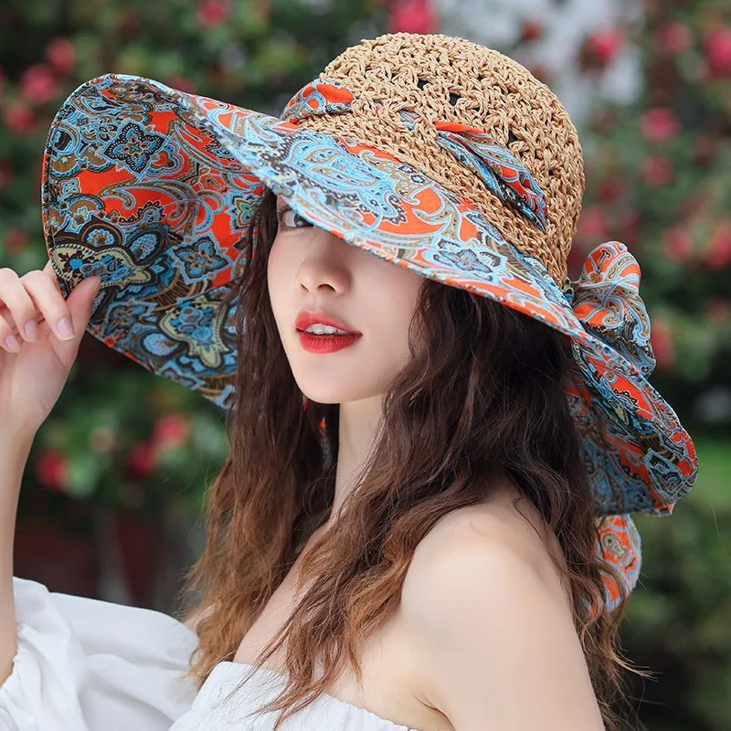 Women Paper Straw Hat Large Wide Brim Straw Floppy Hat Summer Sun Fashion Broad Beach Hat Sun Visor Cap
