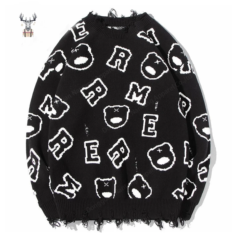 Nanteng Custom Logo Low MOQ Autumn Winter Warm Printed Jacquard Knitwear Crew Neck Raw Edges Men Pullover Sweater