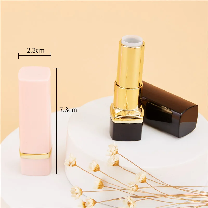 Low moq calibre 12.1mm high-end square bright black pink lipstick tube gold middle ring lip balm tube empty tube empty lipstick