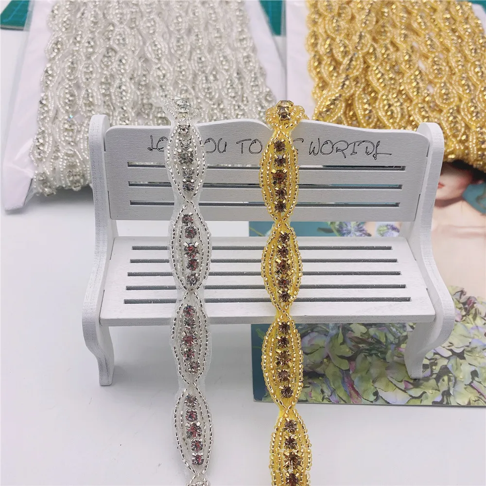Pearl Crystal Motif Strass Hot Fix Rhinestone Tape Ribbon With Rhinestones  applique trim for wedding dress