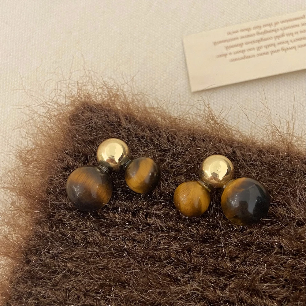 Vershal A-46 Natural Stone Tiger Eyes Luxury Jewelry 18K Gold Plated Geometric Sphere Ball Shape Stud Earrings