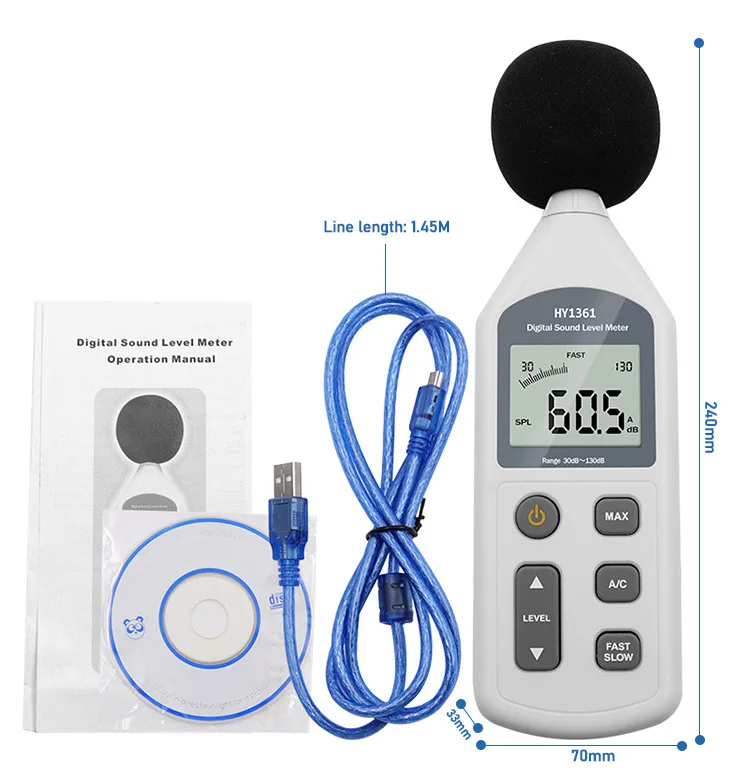  Digital USB Noise Sound Level Meter Decibel 30-130dB A/C FAST/SLOW with Large LCD Screen