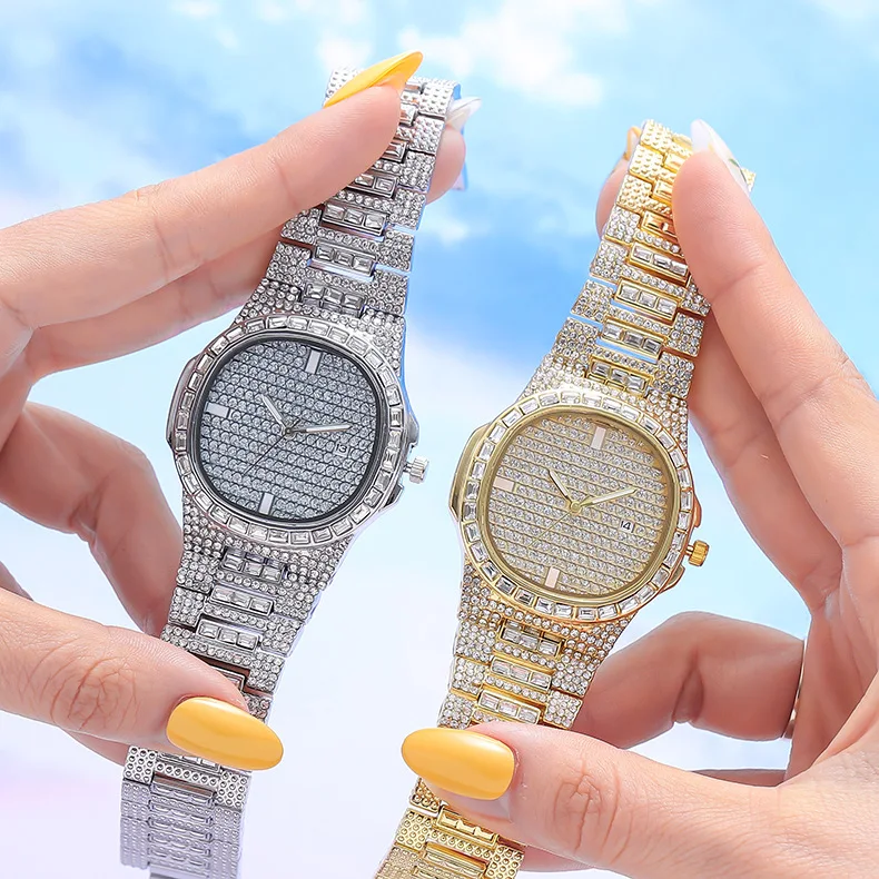 Wholesale Slim Stainless Steel Bling Crystal Rhinestone Quartz Watch Wrist Brand Hip Hop Iced Out Baguette Watches for Men