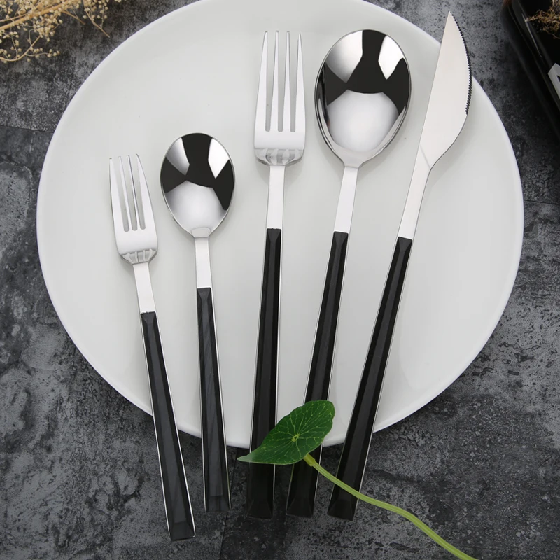
High Quality Plastic Abs Wooden Grain Handle Flatware Stainless Steel 18/10 Cutlery Set With Black Handle 