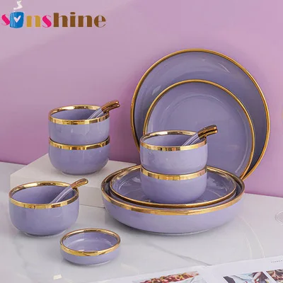 Nordic Style Light Luxury Dishes Set Home Creative Phnom Penh Purple Ceramic Tableware Bowl and Vegetable Plate Soup Bowl Set