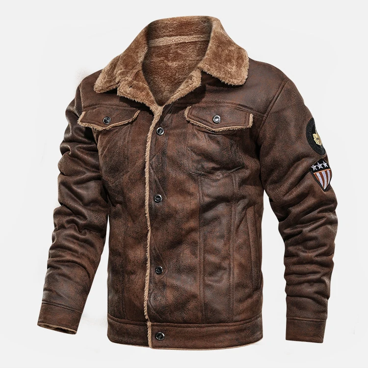 Winter Men Suede Bomber Jacket Custom Faux Leather Jacket New Style Fashion for Men Zipper up Brown Synthetic Leather Shell 100