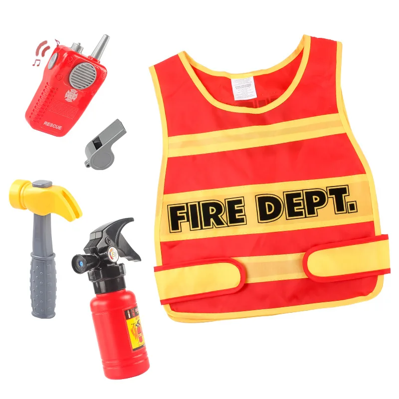 Kids Firefighter Fireman Cosplay Costume Waterproof Jacket Uniforms Clothes Role Play Toy Funny Halloween Party Game Gift
