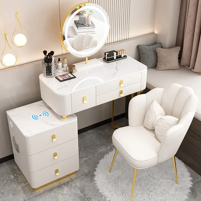 High Quality Modern European Drawers Storage Bedroom Furniture Nordic White Vanity Makeup Dressing Table With Mirror and Stool