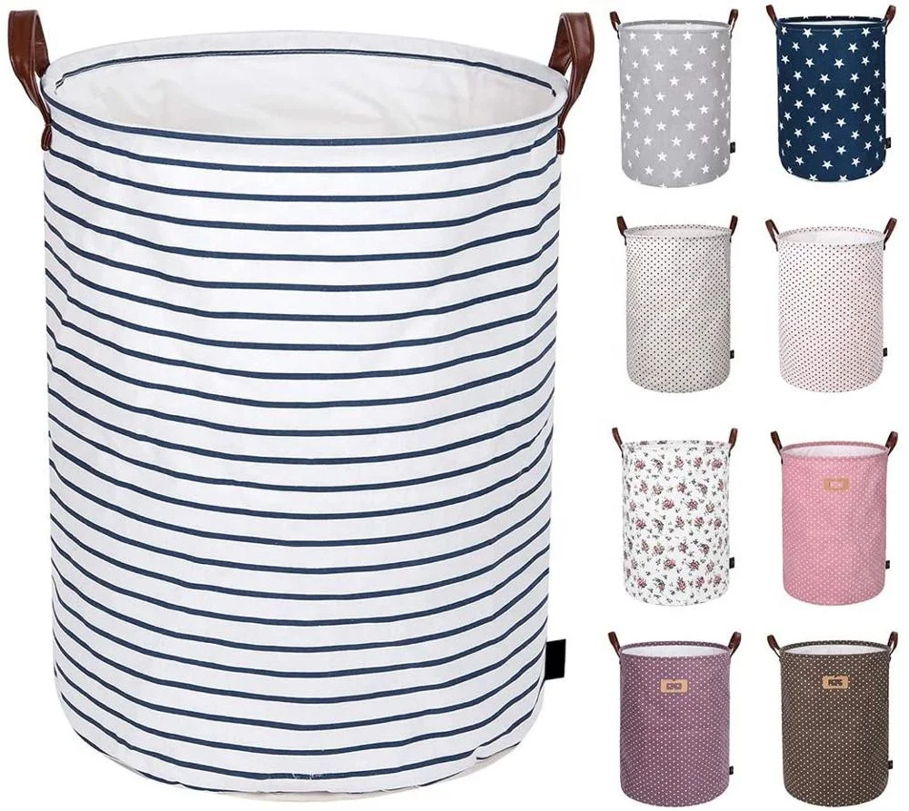Blue Strips Laundry Basket with Durable Leather Handles, Drawstring Waterproof Round Cotton Linen Collapsible Storage Basket