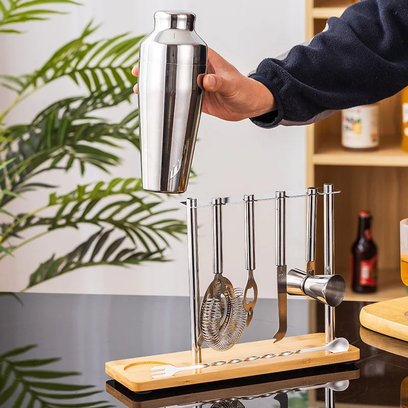 7pcs Bartending Kit Silver Metal Stainless Steel Bar Cocktail Shaker Set with Wood Stand Rack Bottle Opener Cheese Knife