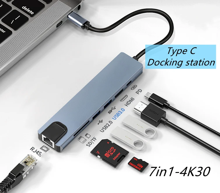 Type C to USB 3.0 Hub 5in1 7in1 Docking Station Hub 3.0 PD  RJ45 10 100M for Ultra-thin notebook