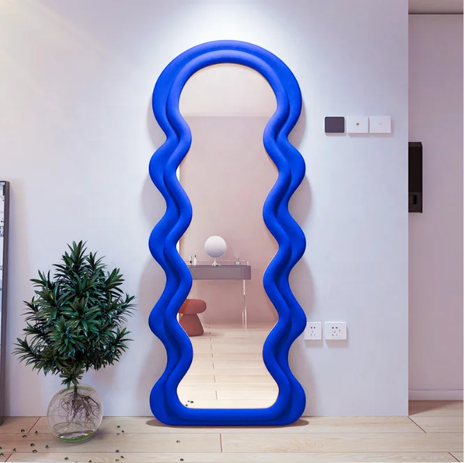Factory modern living room simple decor floor standing large irregular fabric framed full length body wavy wall mirror espejos