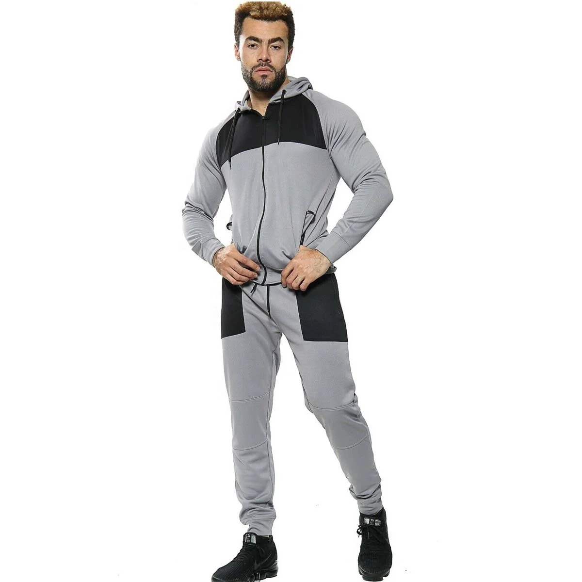 Новый мужской спортивный костюм с капюшоном на молнии облегающий для тренировок в тренажерном зале штаны