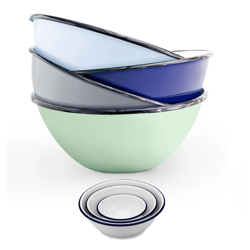 CHL Custom 3pcs solid color airtight enamel salad fruit noodle soup storage enamelware bowl set for hotel