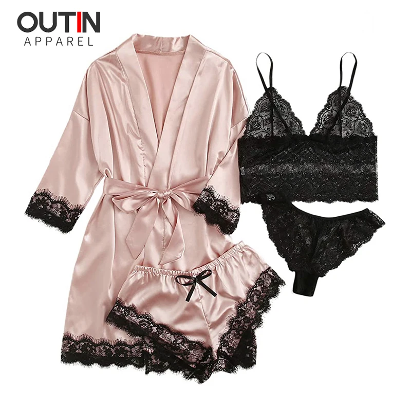 Custom Luxury Woman Robe Satin Lace Pajamas Mature Women Satin Sleepwear Nightwear 4 Pcs Set