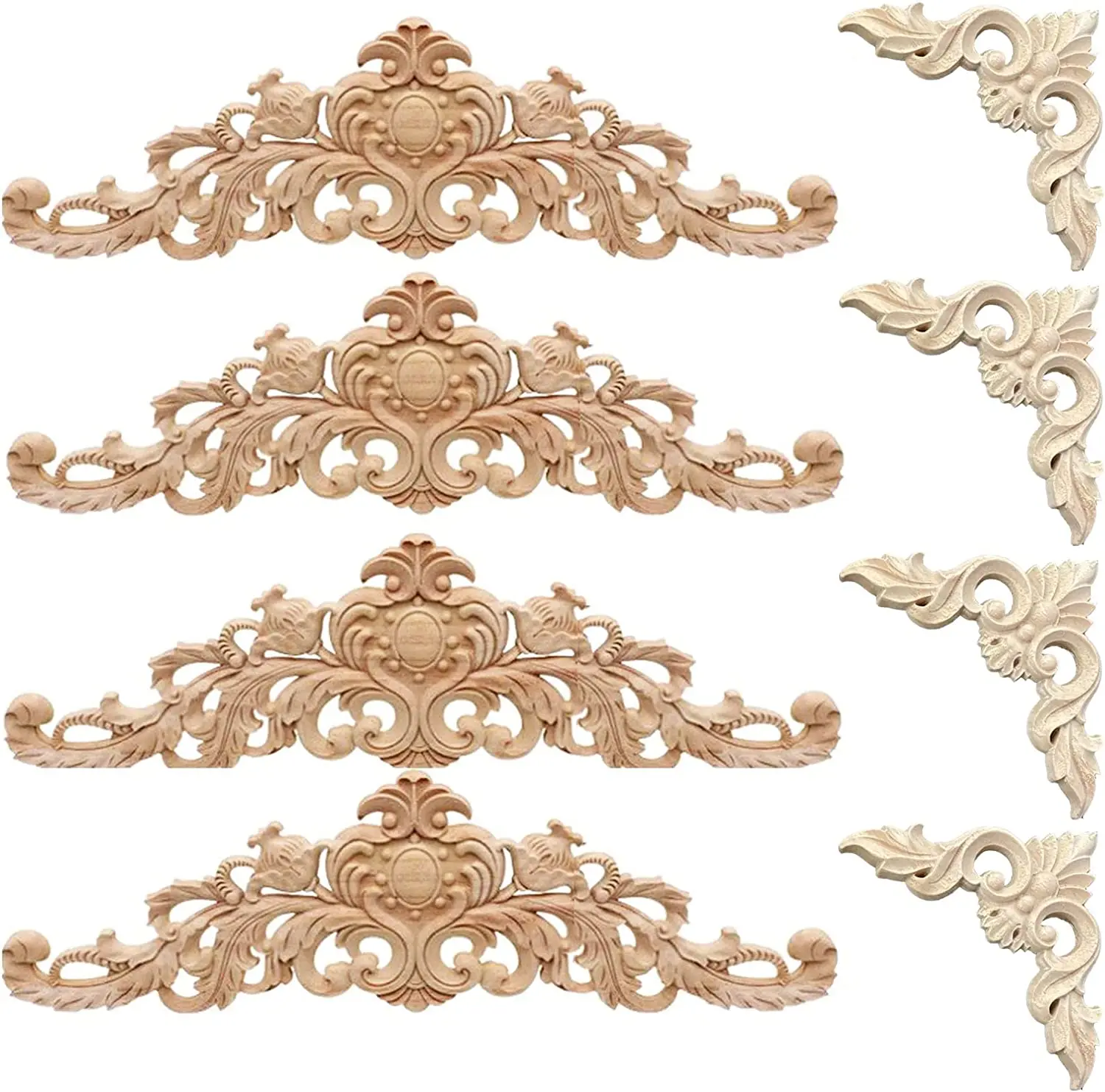 Factory Direct Sale Natural Wood Carving Solid Wood Decals European Carved Flowers Appliques and Onlays