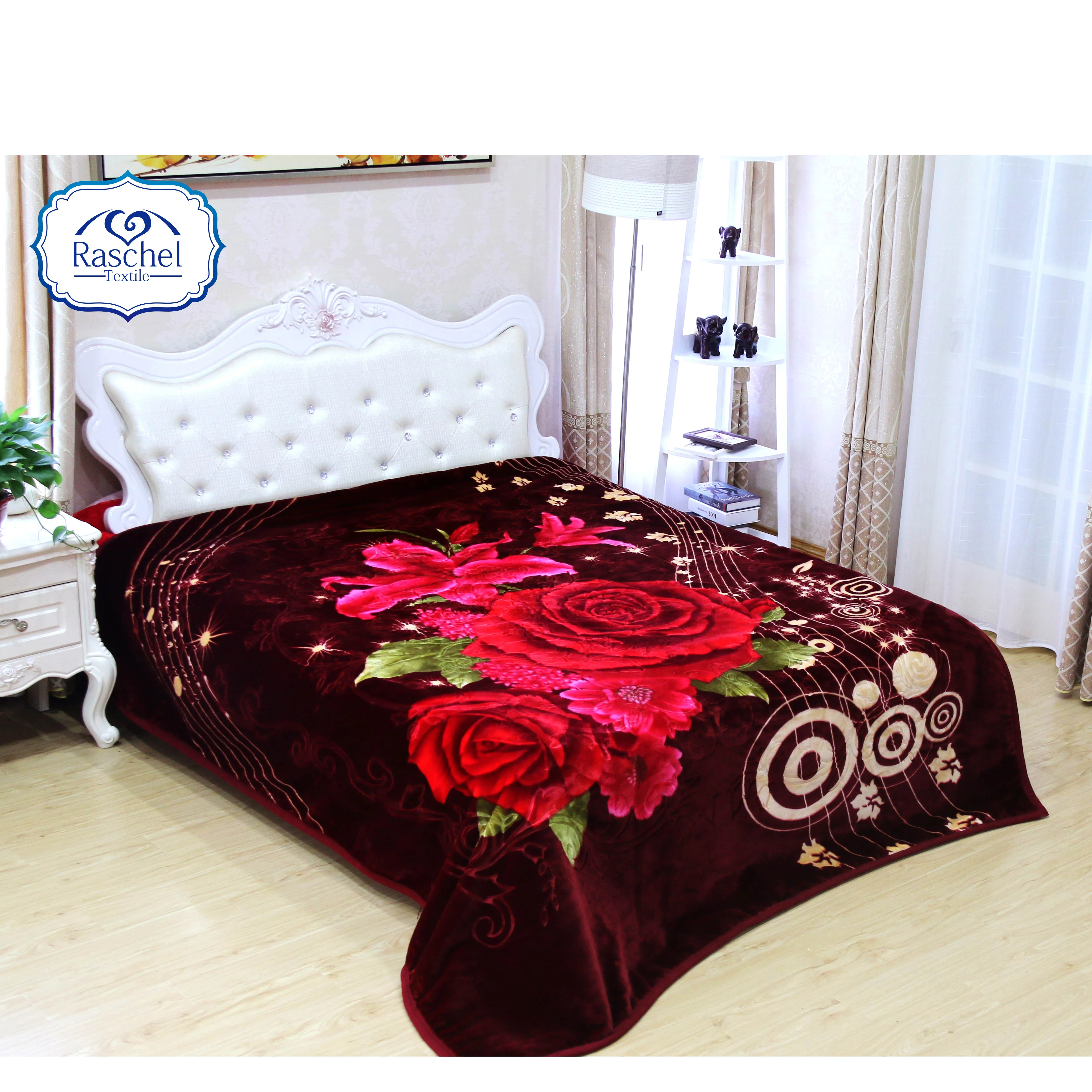 100% polyester wholesale Flower design embossed one ply raschel mink blankets