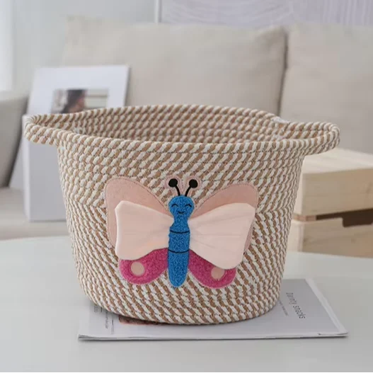 Amaz0n Embroidery Eco Friendly Storage Baskets Pink Butterfly Cotton Rope Baskets Pets Toys Nursery Decor Storage Bin Organizer