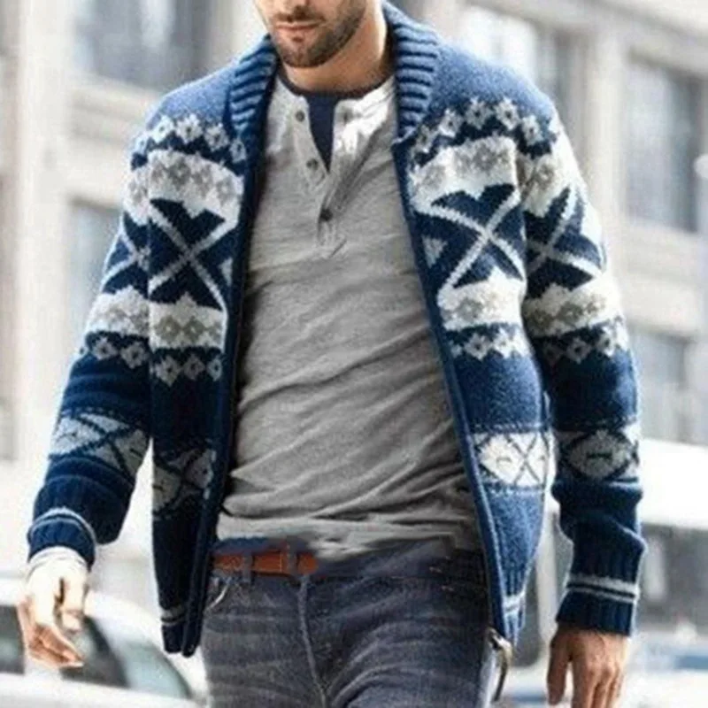 High Quality Pattern Jacquard Knitwear Custom Mens fashion lapel zipper polyester long sleeve Coats And Jackets