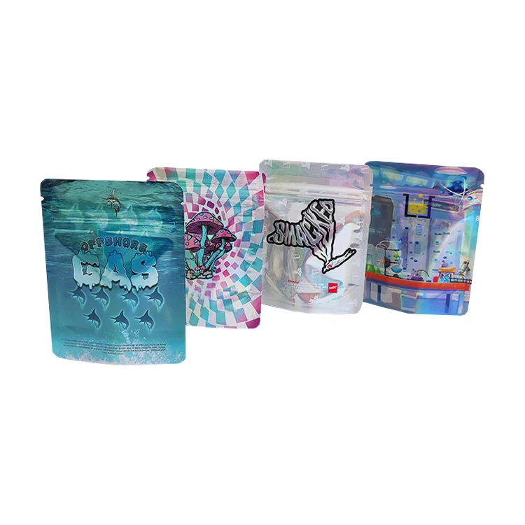 Custom Printed 3.5g 7g 14g 28g Edibles Packaging Holographic Resealable Smell Proof Stand Up Pouch ZipLock Mylar Bags